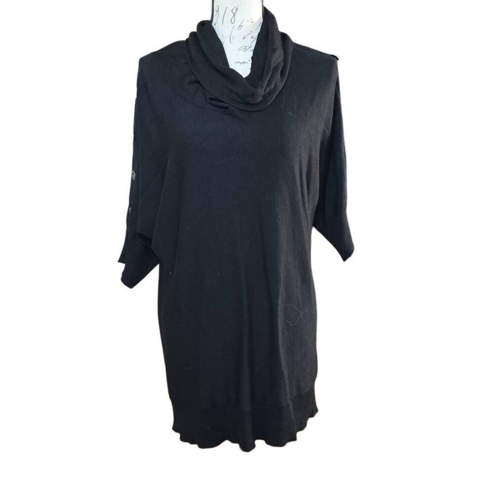 Women's Size Large Black 3/4 Sleeve Knit Cowl Neck Button Detail Dress